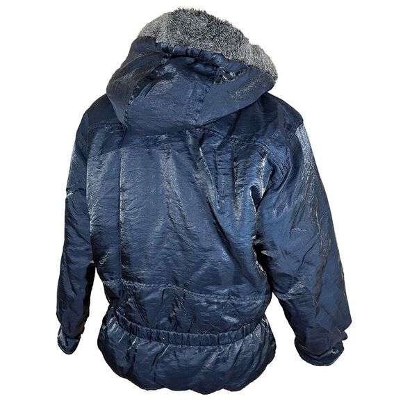 Vintage Celestial Puffer Jacket | Navy Blue Faux Fur Hood – Y2K Moon & Sun - Picture 6 of 12